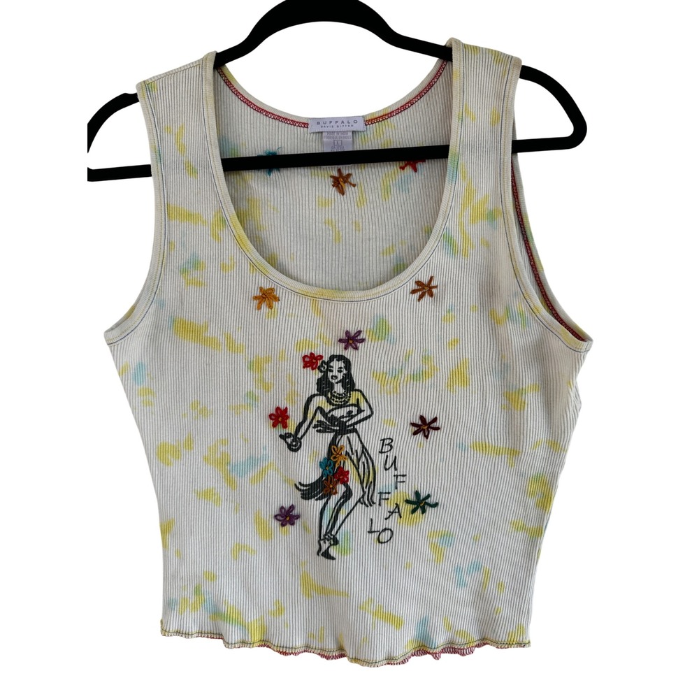 Buffalo David Bitton Y2K Tie Dye Hula Girl Embroidered Ribbed Tank Top Women L